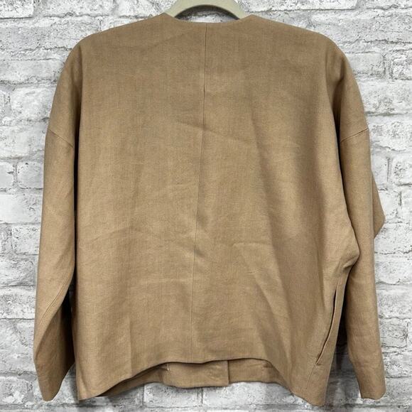PAUW Linen Blend Tan Short Hidden Button Lightweight Blazer Pocket‎ No Collar 0 - Picture 4 of 13